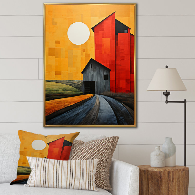 Artémisios, paysage, granges, patchwork de campagne VI - impression, Cadre flottant doré, H 44 po x l 34 po x P 1,5 po