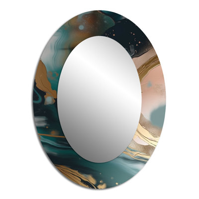 Gold And Green Abstract Marble Harmony Swirls I - Abstract Oval Decorative Mirror On Metal