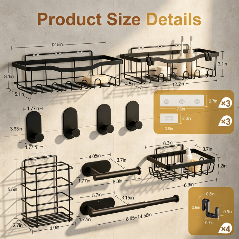 No Drill 10-Pack Bathroom Organizer Set, Adhesive Black Stainless Steel Shower Caddy with Shower Shelves, Towel Rail, Toilet Roll Holder & Wall Hooks