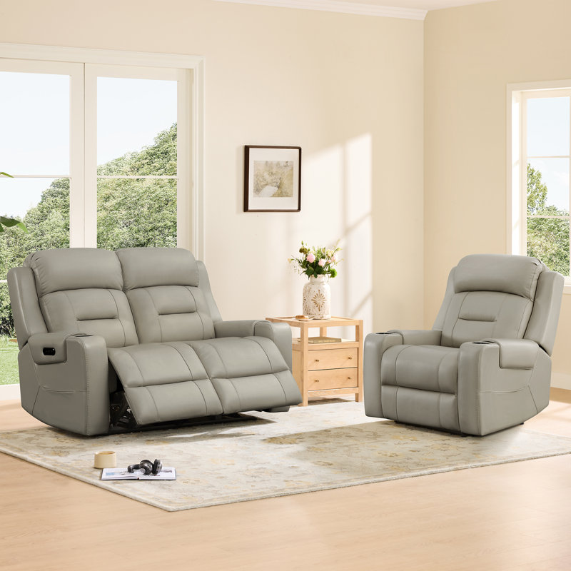 Ensemble de salon inclinable électrique en cuir véritable avec repose-tête électrique Olathe, Gris clair