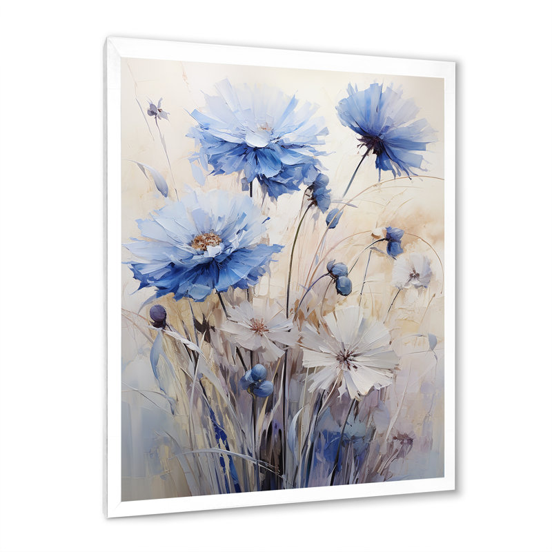 «Minimal Beige and Blue Cornflowers Expression III», reproduction sur toile, Cadre simple blanc, H 40 po x l 30 po x P 1,5 po