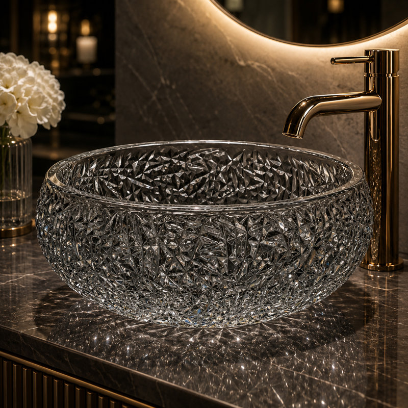 Lavabo de salle de bain rond en verre noir clair avec motif en cristal de 17 po Moonshell - Collection Clearview, Noir clair