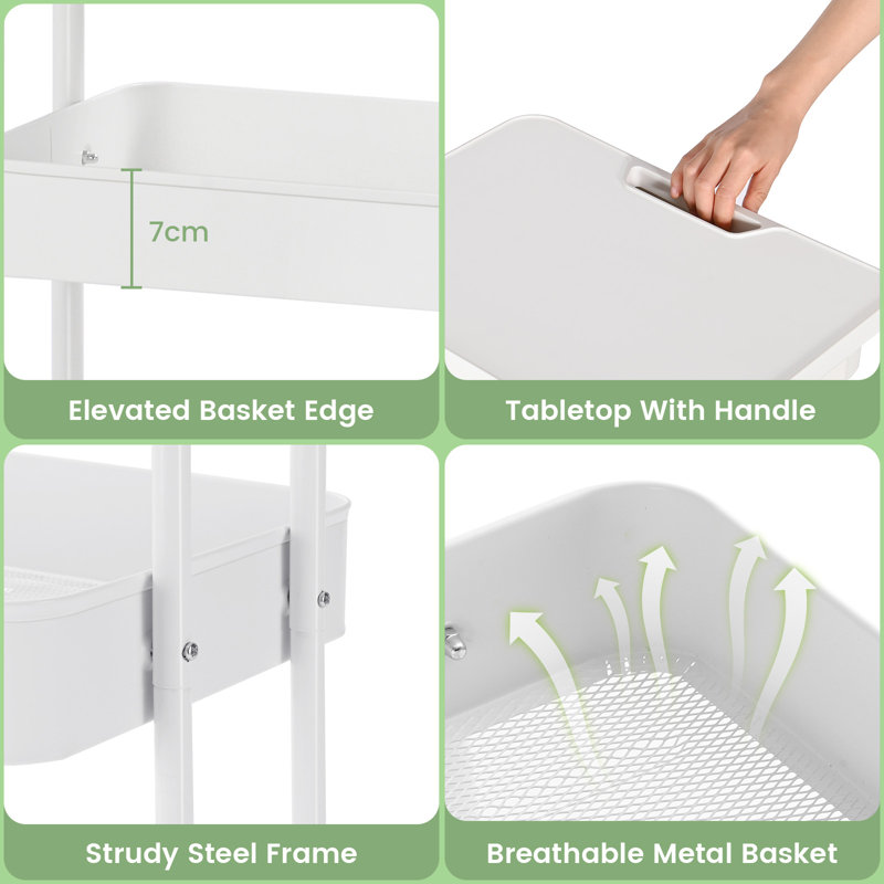 Utility Cart with Wheels,Metal Cart,3 Tier Rolling Cart With Drawer & Table Top,Bathroom Cart,Salon Trolley Cart,Kitchen Storage Cart