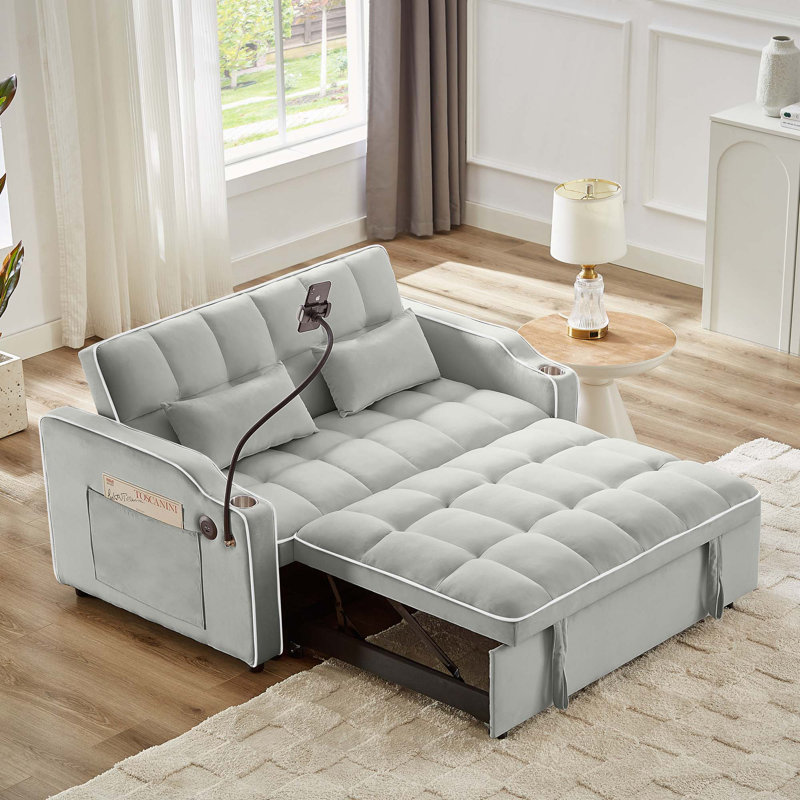 Velvet Pull-out Sleeper Sofa Bed, Adjustable Back and with USB Pport, swivel phone stand, Gray