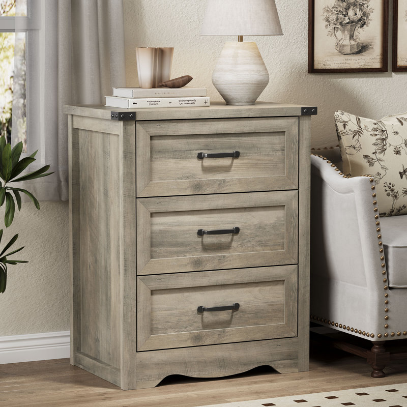 Table de chevet à 3 tiroirs de 23,6 po de largeur, table de chevet avec poignées en tasses pour la chambre à coucher, Gris