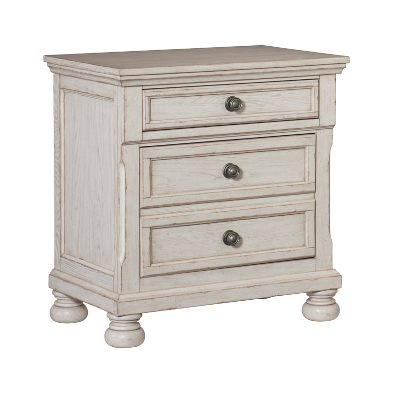 Table de chevet 1 pièce de style transitionnel, fini blanc brossé, tiroir dissimulé, pattes boule, mobilier de chambre classique