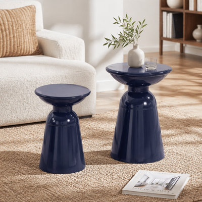 Serenita Outdoor Iron Side Tables with Flared Design, Set of 2 , Navy Blue