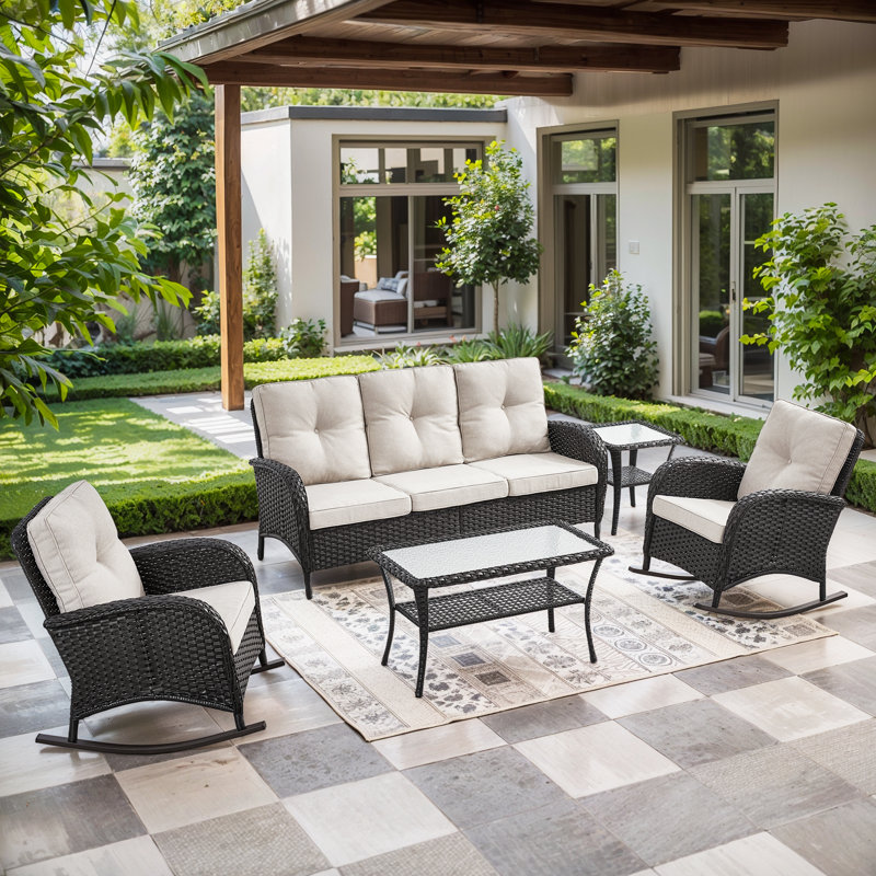 Ensemble de conversation avec canapé en osier pour 5 personnes Gaetanino, Beige, Noir