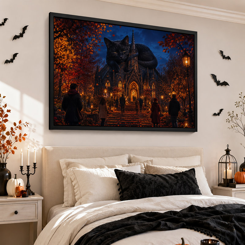 Chat noir géant perché sur une cathédrale gothique, toile murale d'Halloween, 24"H x 36"W