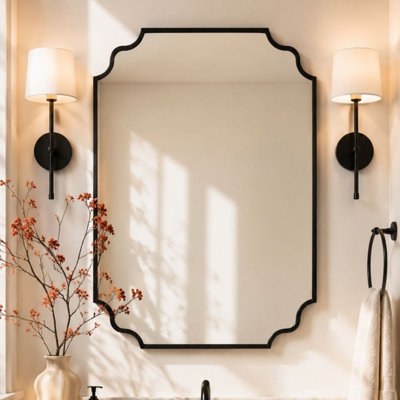 32x24'' Black Scalloped Bathroom Mirror for Over Sink, Matt Black Asymmetrical Bathroom Vanity Mirror