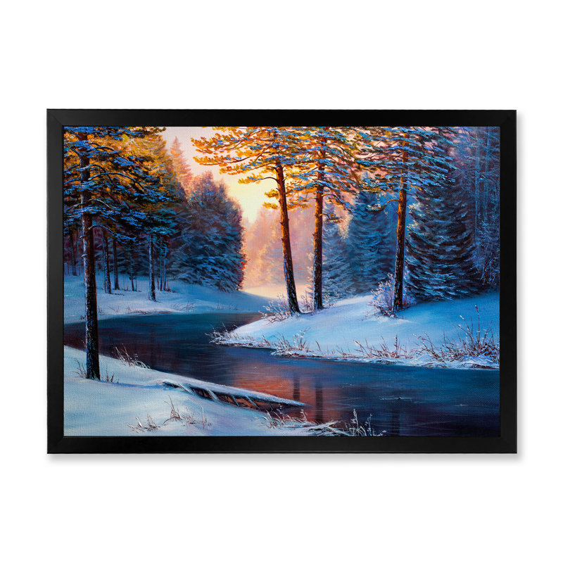 «Sunshine Through The Christmas Forest By The River», peinture sur toile, H 30 po x l 40 po x 1,5 po, Cadre noir
