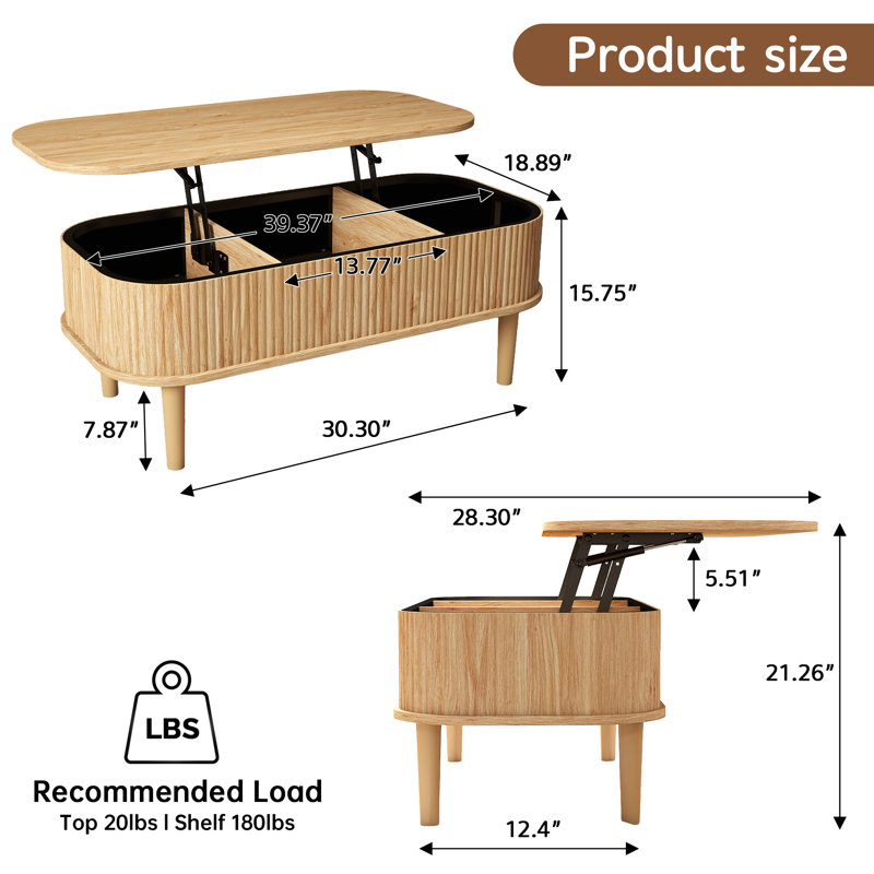 Coffee Table, Fluted Lift Top Coffee Tables for Living Room, Center Tables with Hidden Compartment, Modern Oval Coffee Table for Home Office, Oak