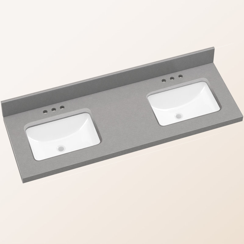 60 po X P 22 po D Comptoir de salle de bain gris pierre d'ingénierie avec double lavabo rectangulaire en céramique Dosseret en H et 3 trous de robinet pré-percés