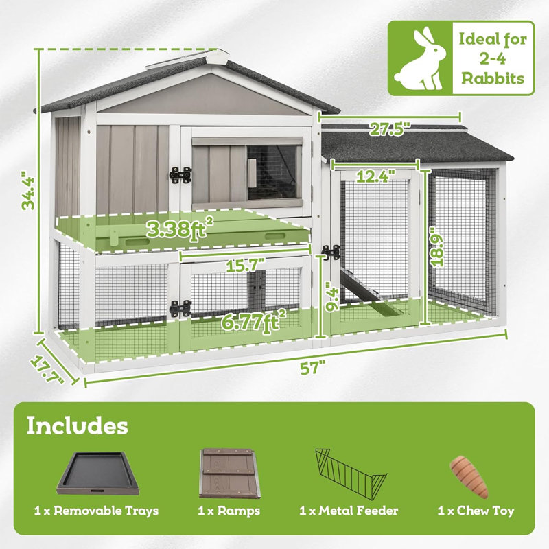 57" Outdoor Wooden Rabbit Hutch with Run, Two-Story Bunny Cage with Pull-Out Tray, Slidable Glass Window & Waterproof Asphalt Roof