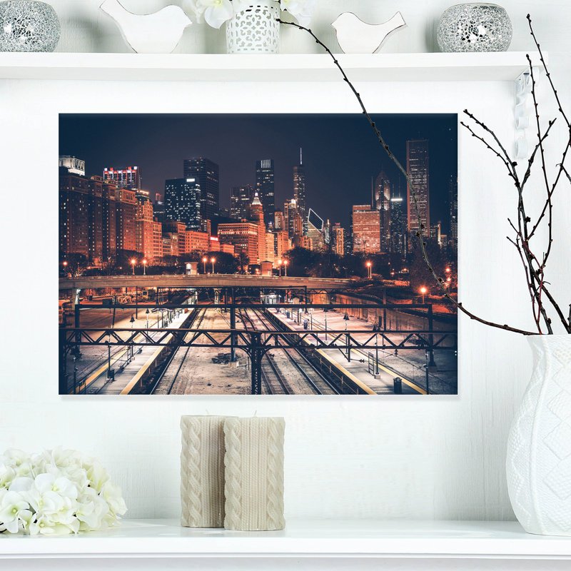 Dark Chicago Skyline And Railroad Cityscape - Wrapped Canvas Print, 12" H x 20" W x 1" D, Wrapped Canvas