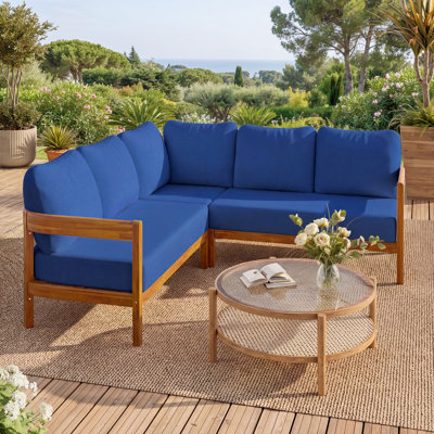 Ensemble de meubles de patio en bois d'acacia massif, ensemble de conversation d'extérieur avec 6 coussins de siège moelleux et sac à dos, canapé d'extérieur toutes saisons avec structure en arc pour la cour, le jardin.