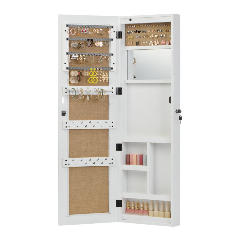 Armoire pour armoire à bijoux en bois massif avec miroir pleine grandeur, verrouillable au mur 47,5 x 14,3 po avec lumière DEL