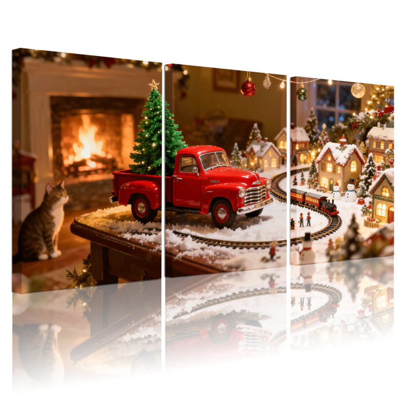 Scène de Noël de Noël avec camion rouge et train, ensemble de 3 impressions sur toile