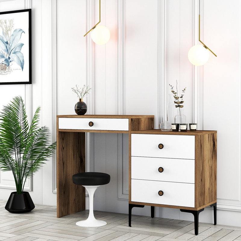 Table de maquillage moderne avec pieds en métal, finition noyer et blanc, 48,8 x 33,4 x 15,7 pouces | 100% panneau de particules enduit de mélamine, poignée en plastique | Commode élégante pour la maison et les espaces de beauté, design fonctionnel