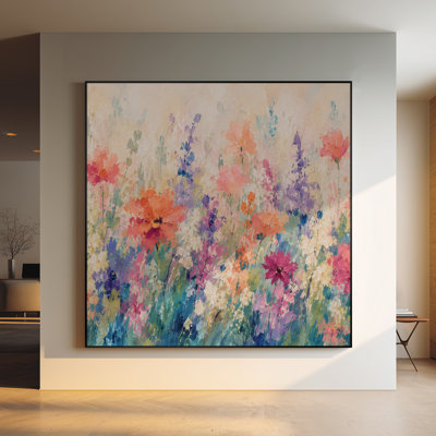 Très grand art mural imprimé sur tissu - Décoration de chambre à coucher botanique rose pré de fleurs sauvages - "Assemblage requis (cadre non fini)"