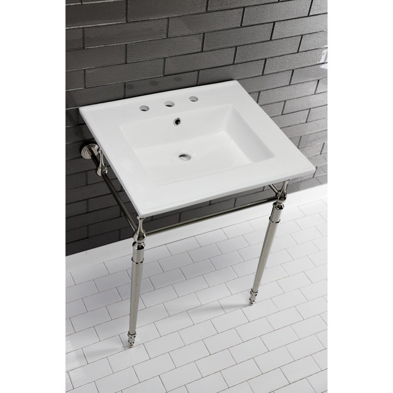 Kingston Brass Edwardian 25-Inch Ceramic Console Sink with Brass Legs (8-Inch, 3-Hole), White/Polished Nickel