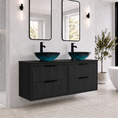48" Wall Mounted Floating Double Bathroom Vanity with Artistic Vessel Sinks, Hand-Painted, 4 Soft-Close Drawers