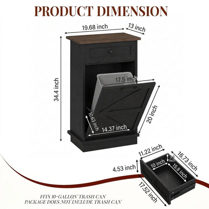 Armoire à poubelle inclinable avec tiroir de rangement, armoire à ordures dissimulée autoportante (ne pas inclure la poubelle)
