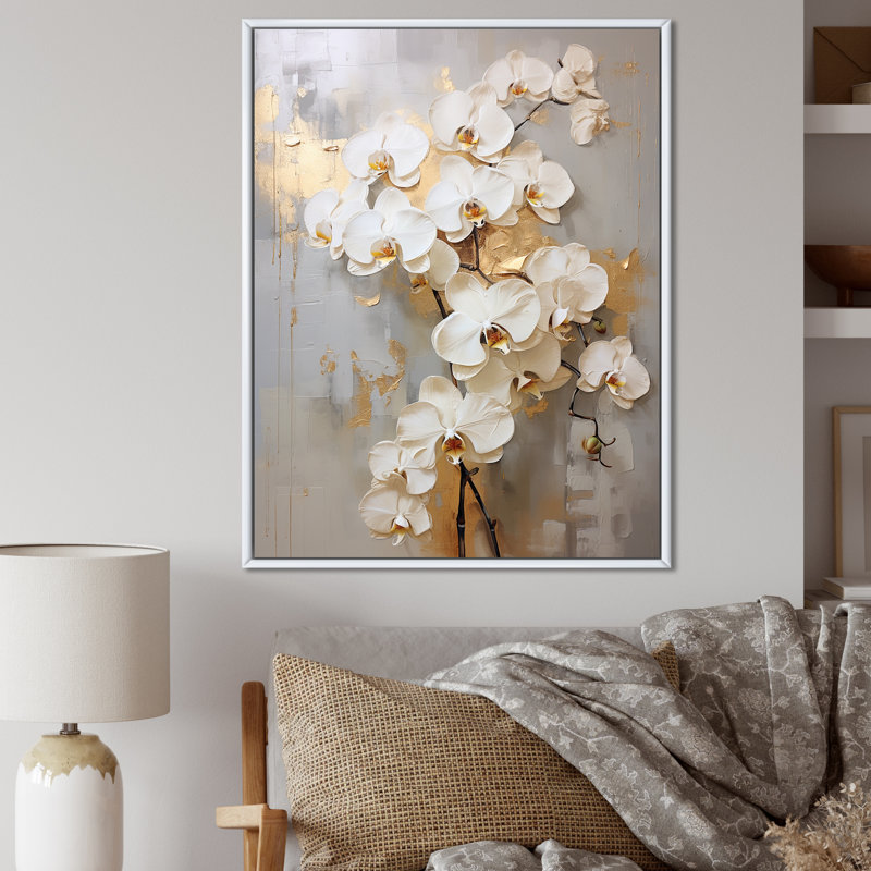 Minimalisme beige et orchidées dorées IV - impression sur toile encadrée orchidée, H 20 po x l 12 po x P 1 po