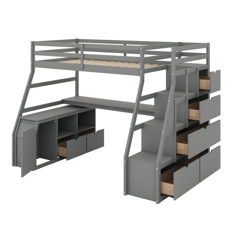 Lit mezzanine simple avec tiroirs, tablettes et bureau, Gris