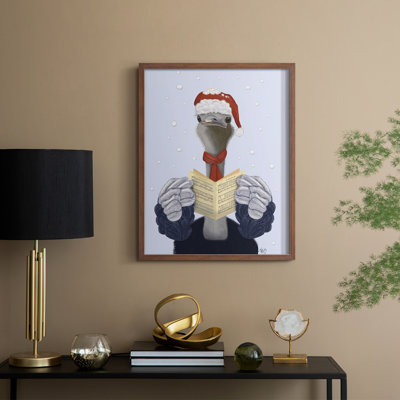 Ostrich, Carol Singing, reproduction d'art encadrée - bois massif