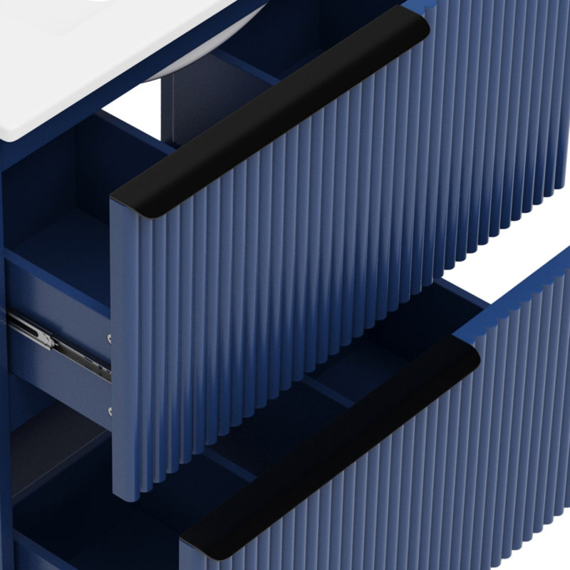 Meuble-lavabo de 30 po en bleu avec conception cannelée, système double, comptoir brillant et poignée de rangement pratique et autoportante