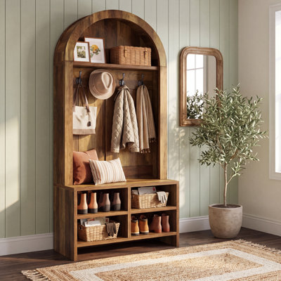 Portemanteau de 31,5 po de largeur avec banc et rangement pour chaussures, porte-manteau d'entrée 4 en 1 pour vestibule, vestibule, 4 crochets et casiers réglables