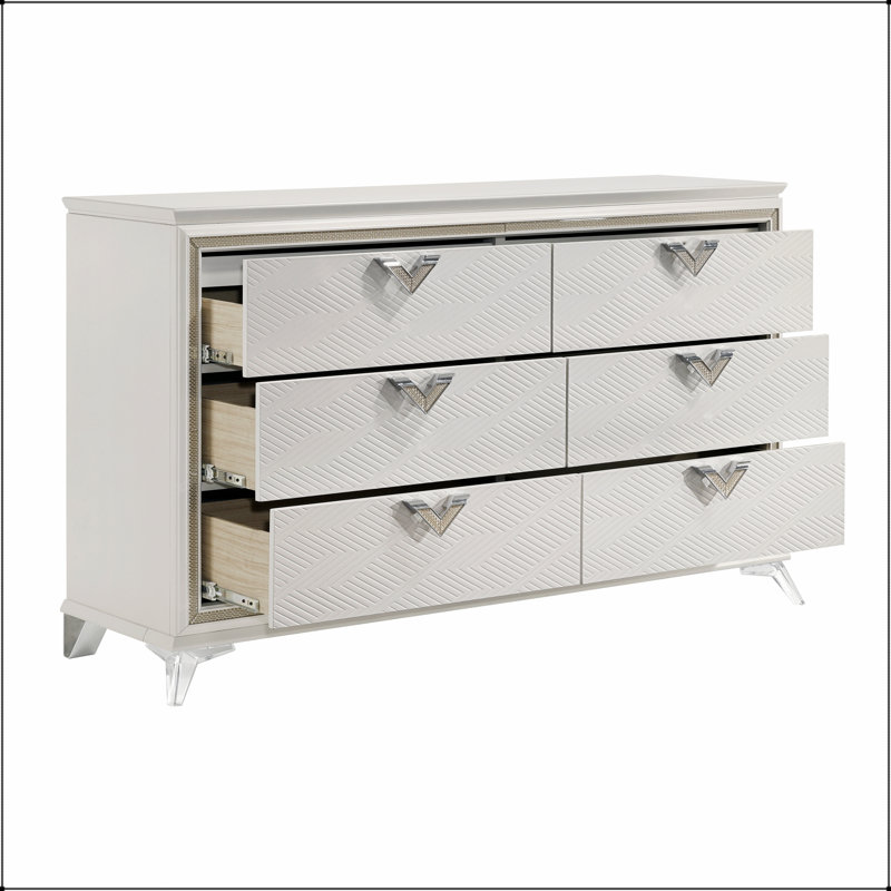 Commode à 6 tiroirs au fini blanc antique avec accents dorés, durable et élégante pour les chambres de luxe modernes