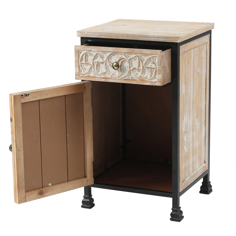 Table de chevet 25,9 po avec tiroir et armoire, table d'appoint rustique en bois avec panneau de porte sculpté 25,9 po