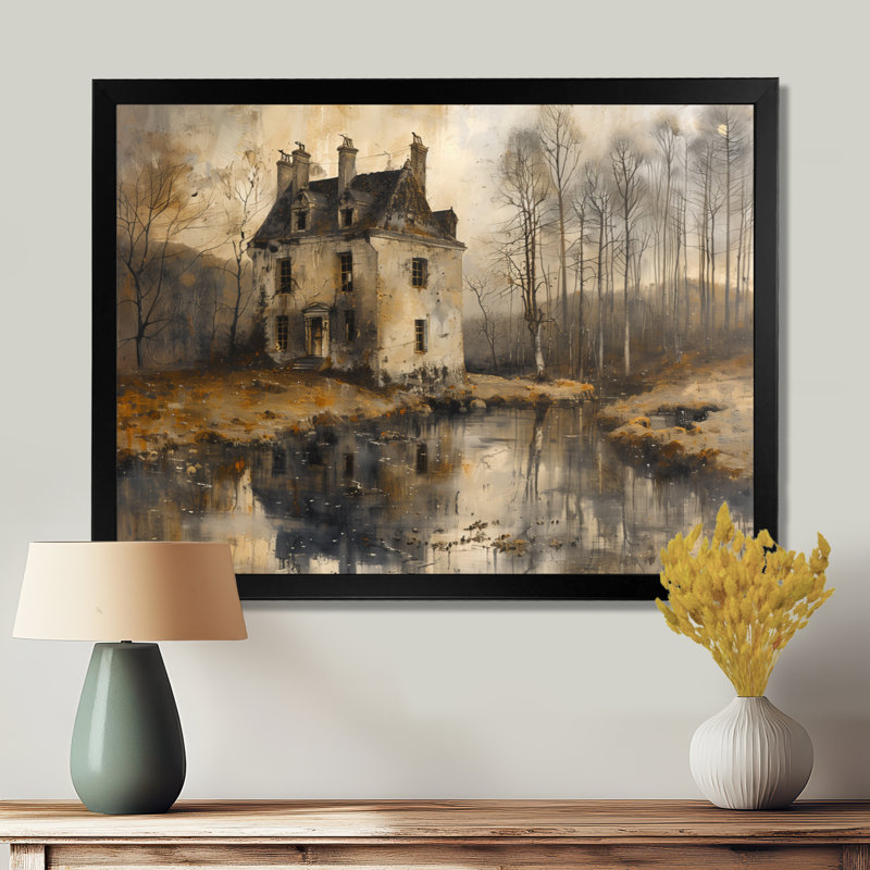 Décoration murale grise noire rustique près du lac II - Châteaux, Toile encadrée noire simple, H 12 po x l 20 po x P 1 po