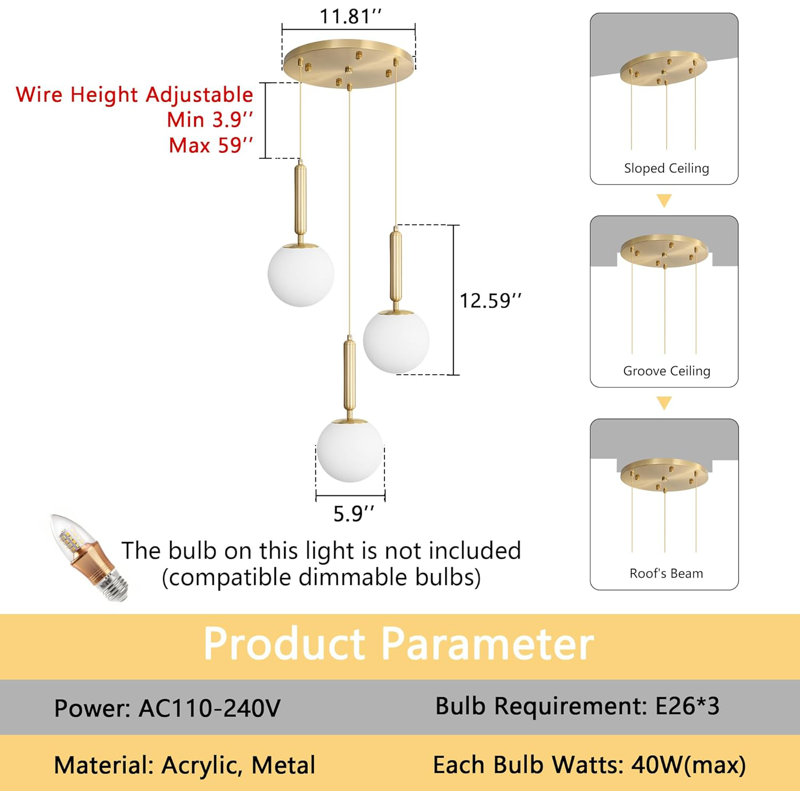 Glass Modern Chandelier, Gold, 3 Lights