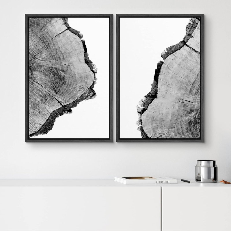 «Black and White Trunk Trees Ring Linton Art Print Nature Stump», reproduction d'art sur toile, 2 pièces, Cadre flottant noir