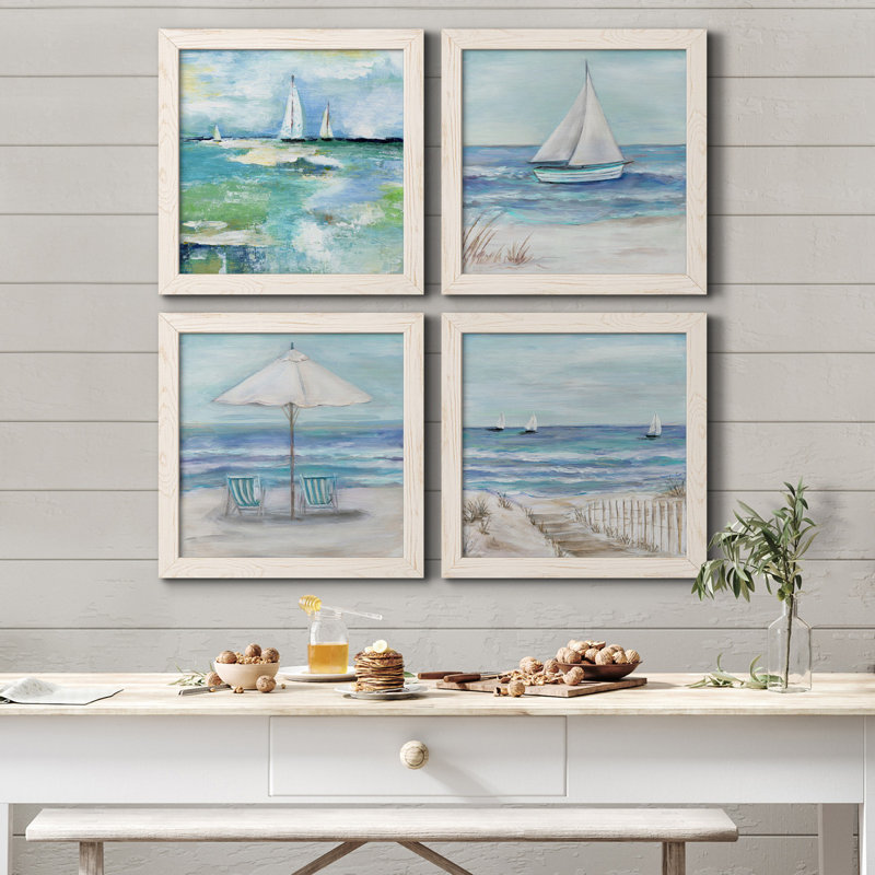 Jour sur le lac - Ensemble de 4 peintures sur toile encadrées, Toile encadrée, blanc