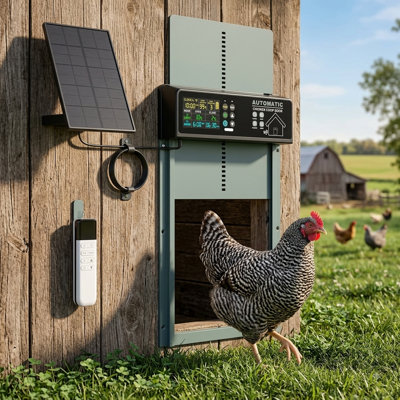 Porte de poulailler automatique à énergie solaire, boîtier en aluminium bleu clair avec télécommande programmable, 6 modes de fonctionnement, écran ACL couleur, fonction anti-pincement avec capteur de pression, porte d'accès pour volailles toutes saisons