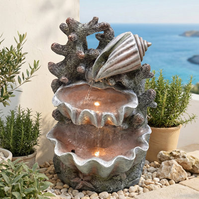 Fontaine d'extérieur 20 po sur le thème de l'océan avec lumières DEL et pompe ETL de 3 W - Design coquille et étoile de mer