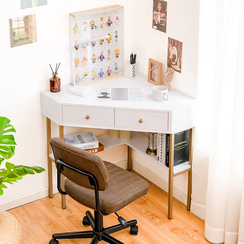Ceti Corner Computer Desk, White, Gold/White