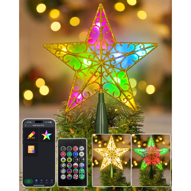 Gold Glitter 9-Inch Star Christmas Tree Topper with Smart Light