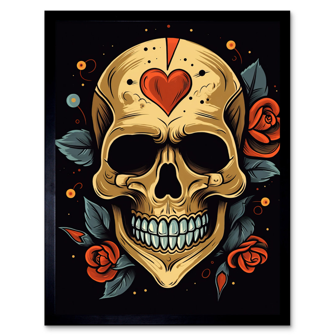 Bennir Skull Heart And Roses Tattoo Ink Body Art Rockabilly Americana - Single Picture Frame Print