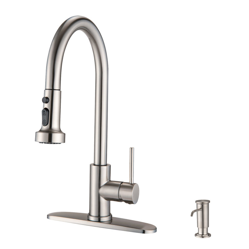 Robinet d'évier de cuisine à poignée simple avec distributeur de savon Topcraft, Acier inoxydable / nickel brossé