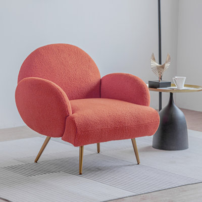 Modern Accent Chair, Plush Sherpa Teddy Fabric Upholstered Armchair with Metal Legs, Mid-Century Inspired Living Room & Bedroom Chair, Comfortable Reading Chair for Home, Office or Lounge (Orange Single Chair)