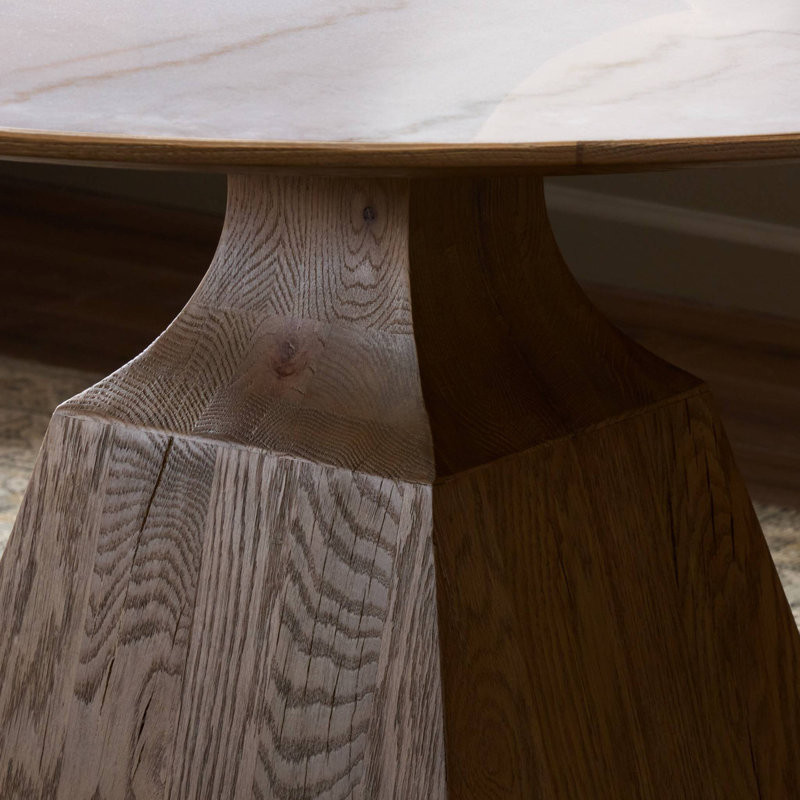 Sargon Round Stone Dining Table, Honed White Marble/Smoked Black