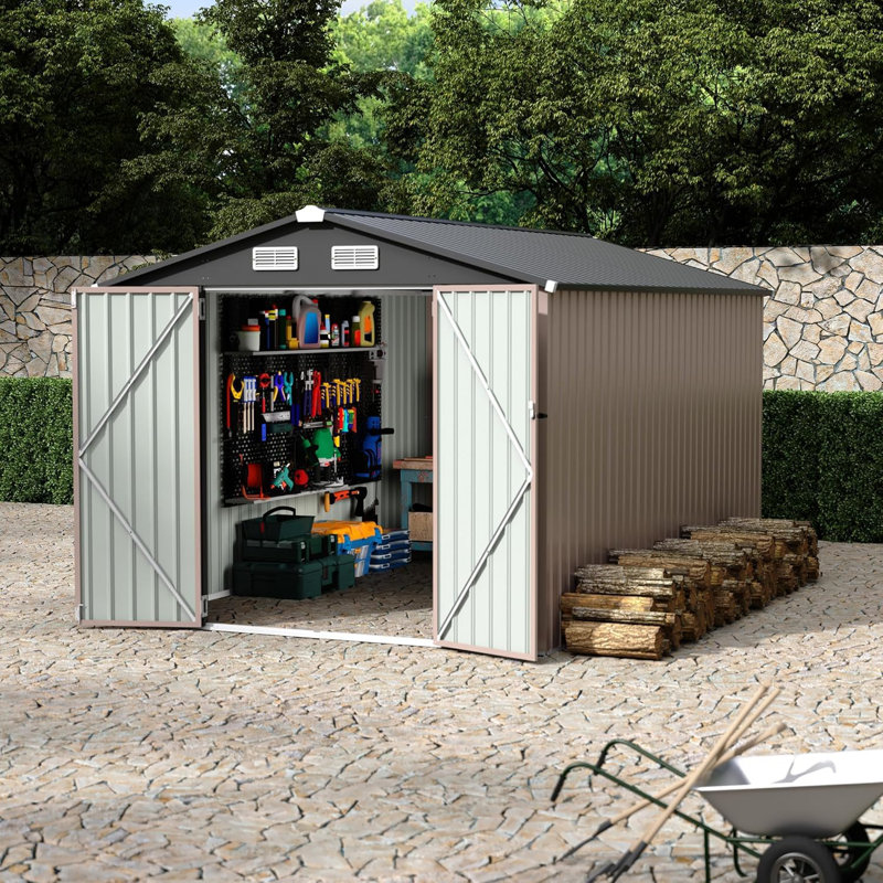 Remise de rangement extérieure en métal 8 x 12 pi - Porte verrouillable et évent pour la cour, le jardin, le patio et la pelouse