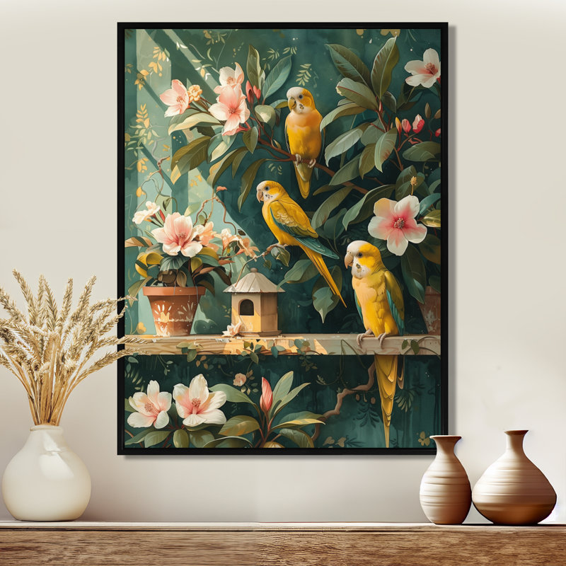 «Parakeets In A Flower Garden III» - art mural perroquet, Cadre flottant noir, bois massif, H 44 po x l 34 po