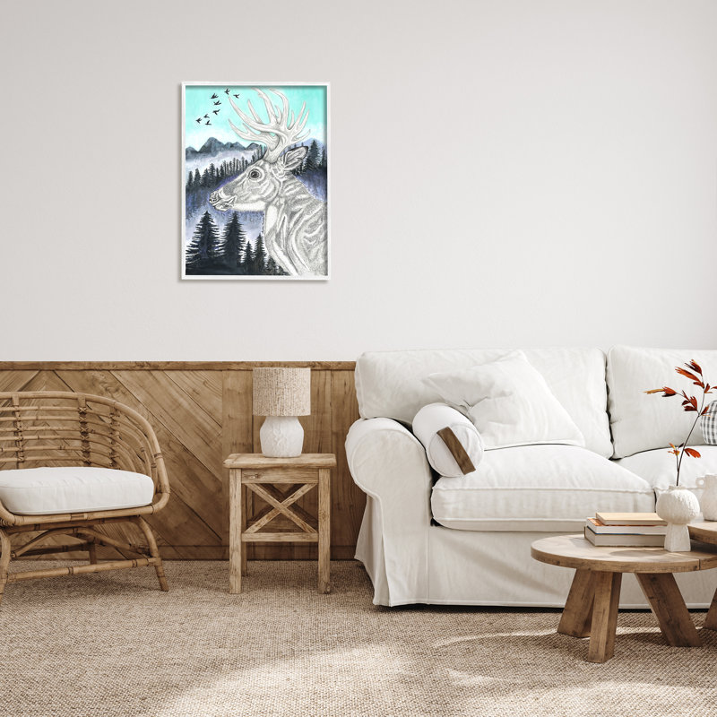 Portrait d'un élan au crayon, paysage de montagne bleue par Andrea Kochish - impression, H 30 po x l 24 po