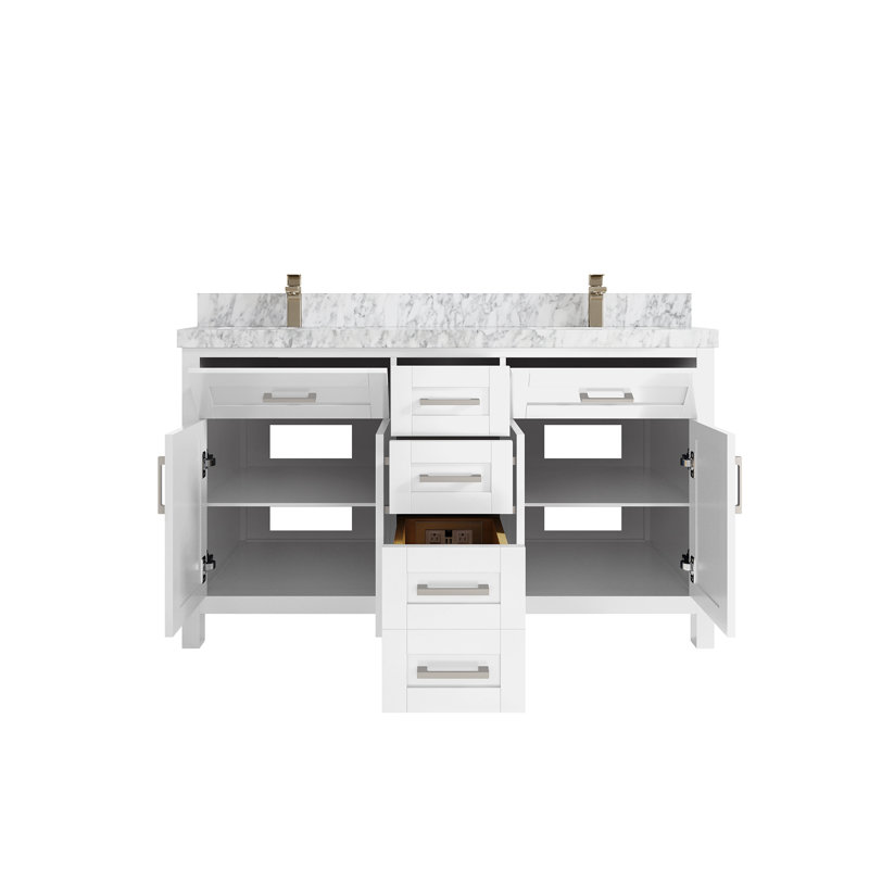 Ensemble de meuble-lavabo double 60 po, Marbre de Carrare